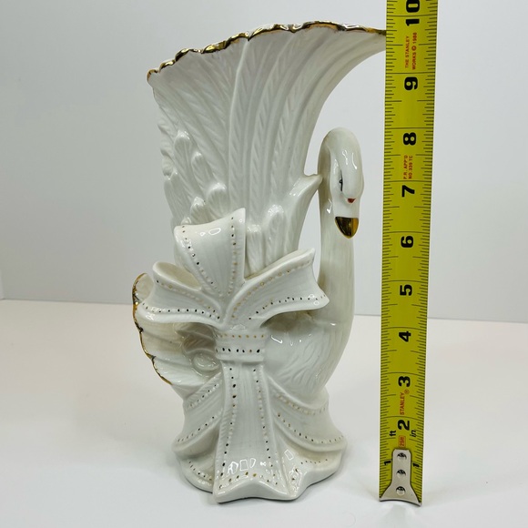 Vintage Ceramic Swan Vase About 9.75” White With Gold Accents - Picture 9 of 10